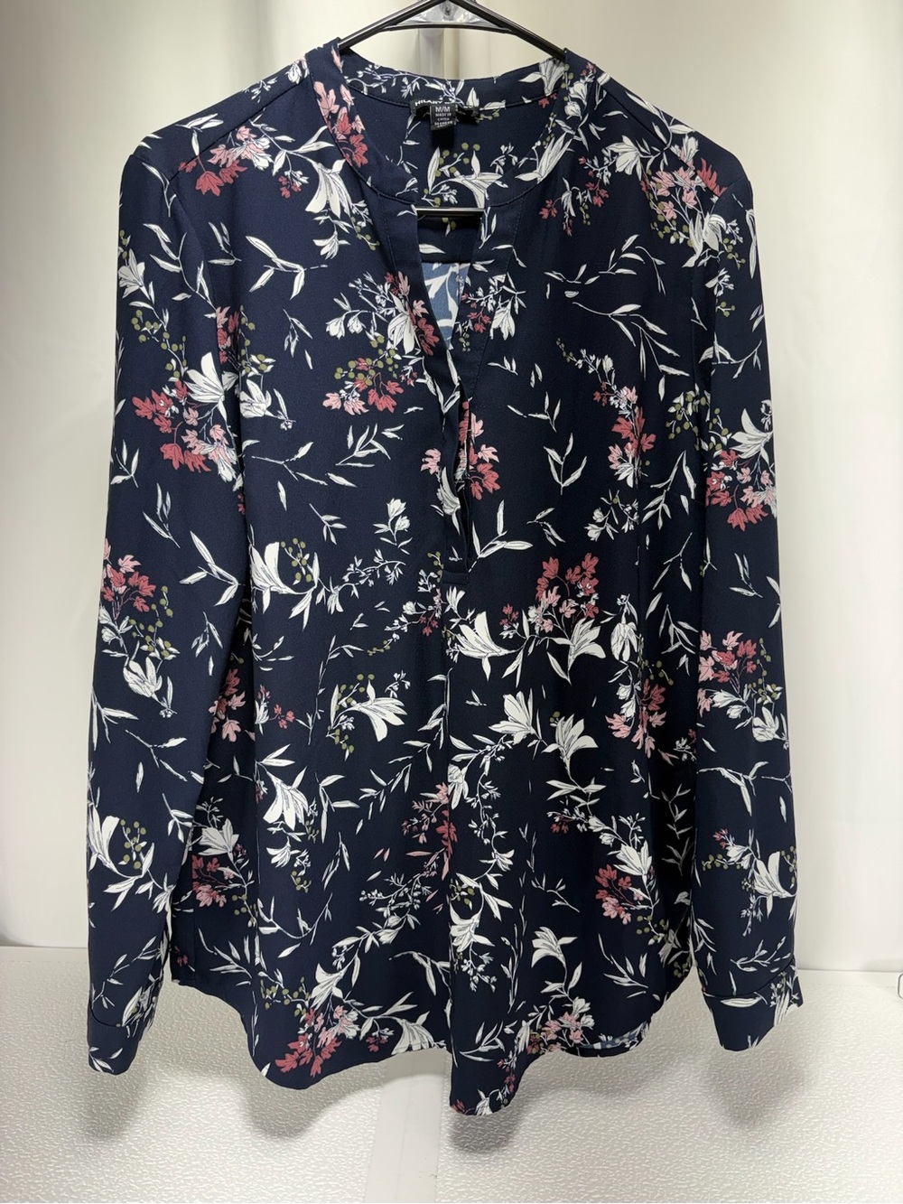 Hilary Radley Navy Floral Split-Neck Blouse with Pink & White Blooms 4616
